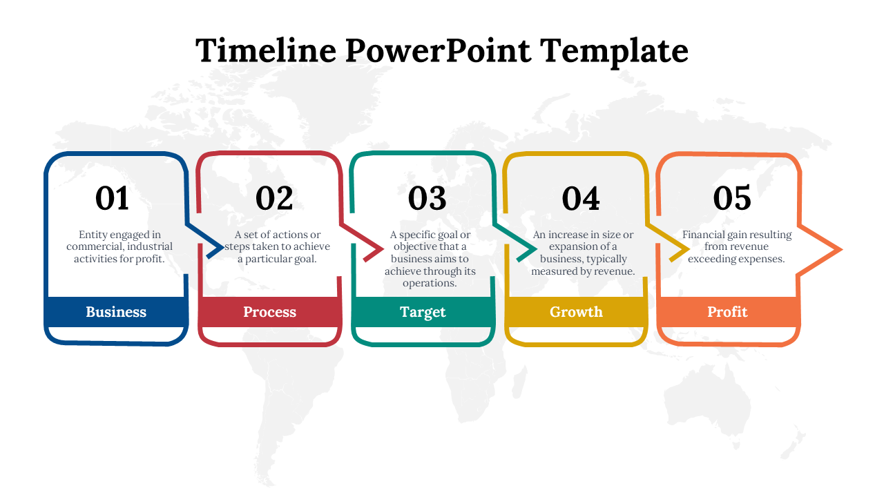 Timeline with five colorful rectangular blocks in blue, red, green, yellow, and orange, on a world map background.
