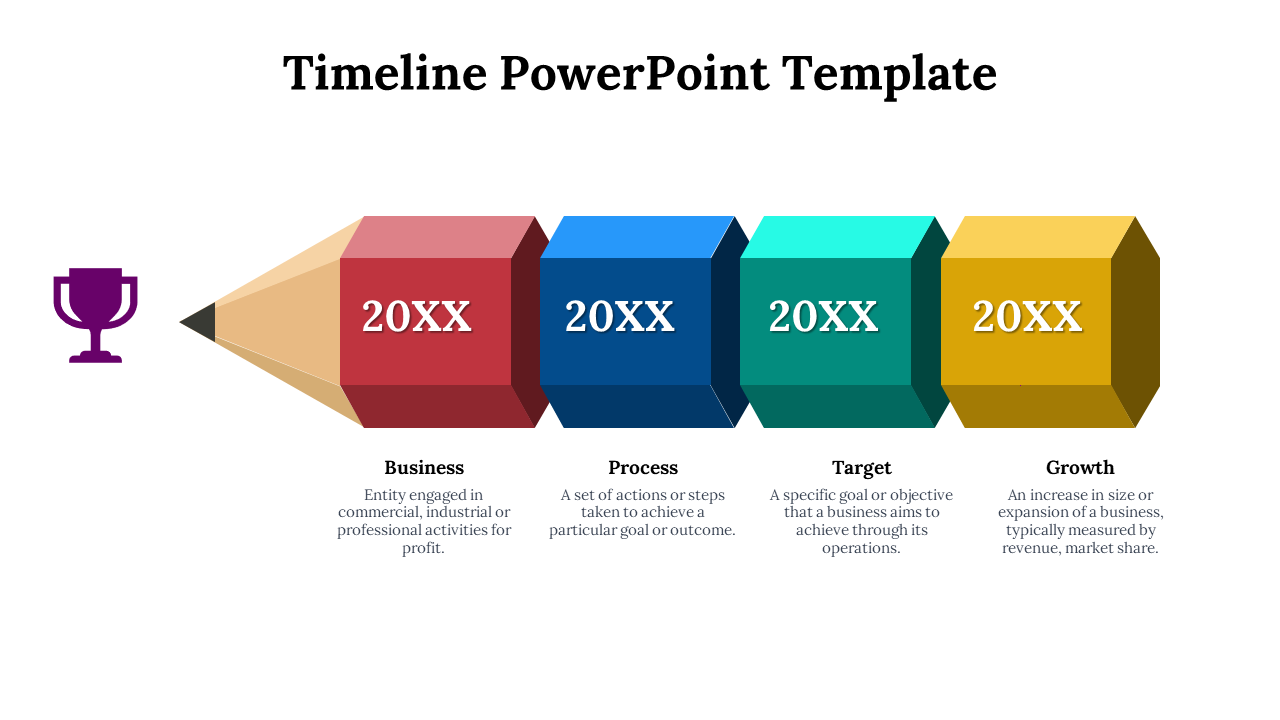 Horizontal timeline with four colorful blocks in red, blue, green, and yellow, arranged in a pencil shape, with text beneath.