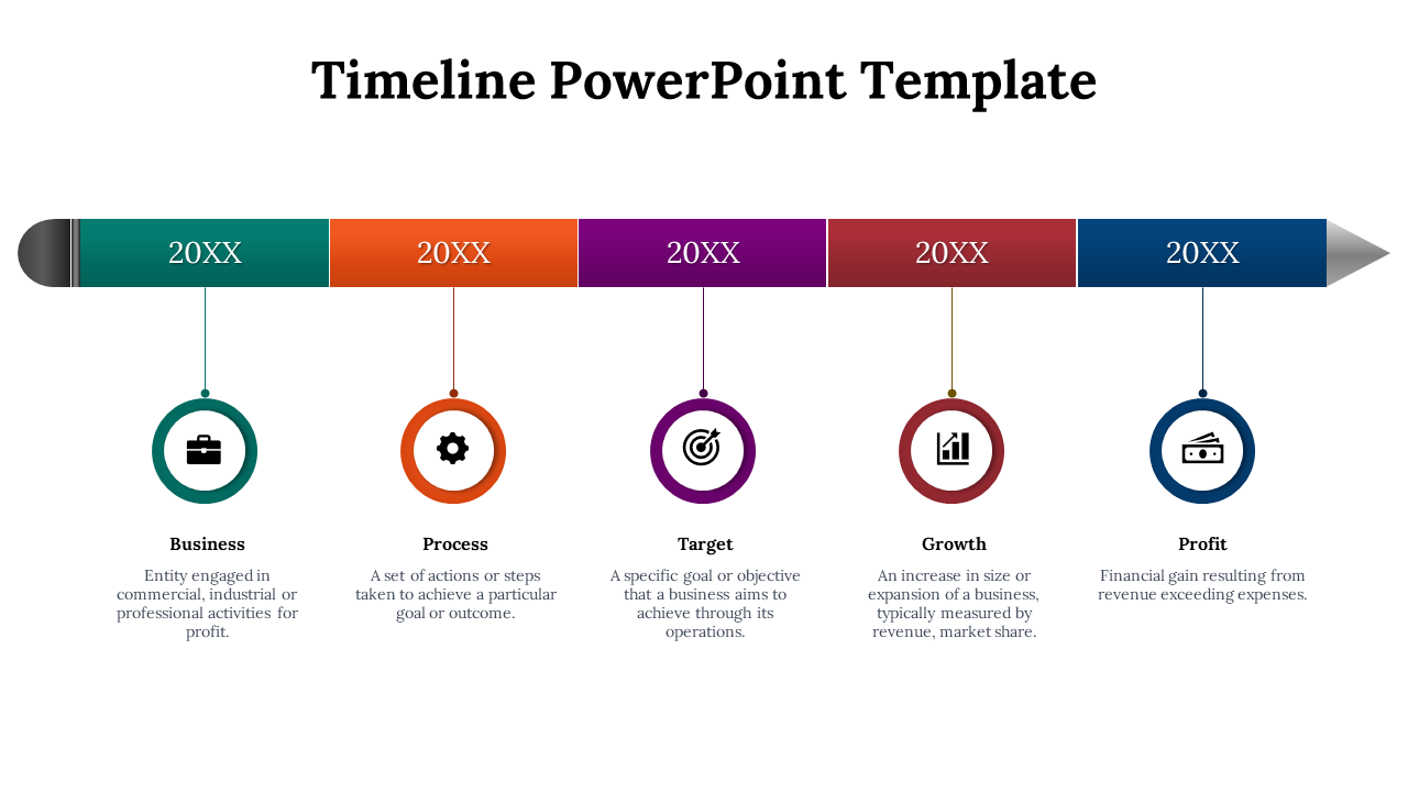 Linear timeline with five milestones in green, orange, purple, red, and blue, each containing a circular icon and caption.