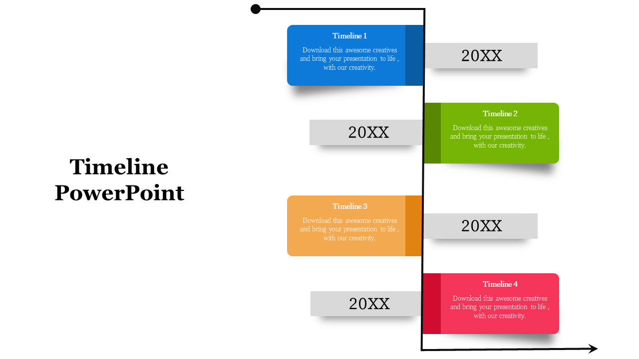 Vertical timeline with four colorful blocks in blue, green, yellow, and red, each with a gray year label beneath.
