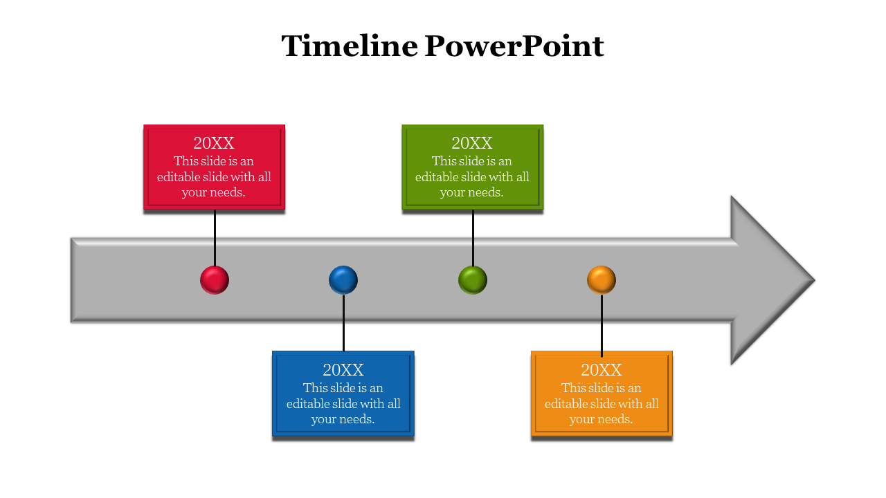 Timeline with four colored blocks in red, blue, green, and yellow, on a gray arrow, and connected by circular markers.