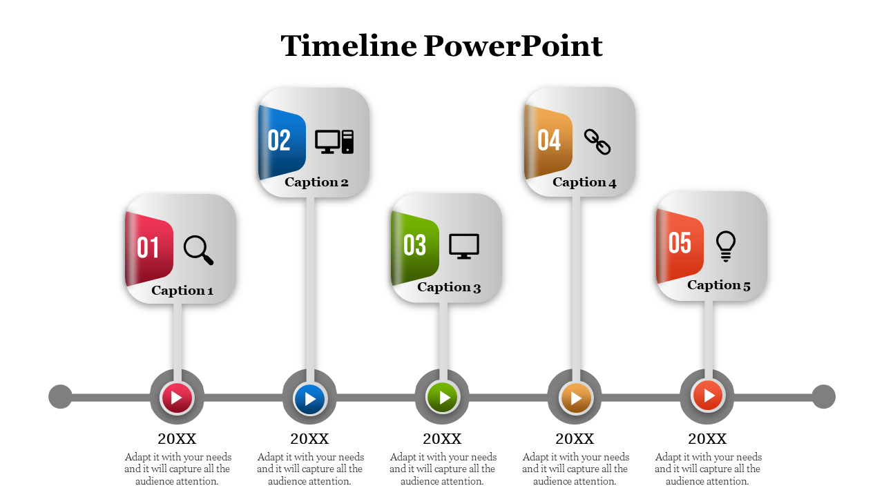 Timeline with five squares with numbered labels in red, blue, green, yellow, and orange, connected by lines.
