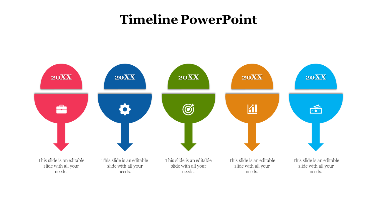 Horizontal timeline with five funnel shaped icons in red, navy, green, yellow, and blue, each with a caption below.