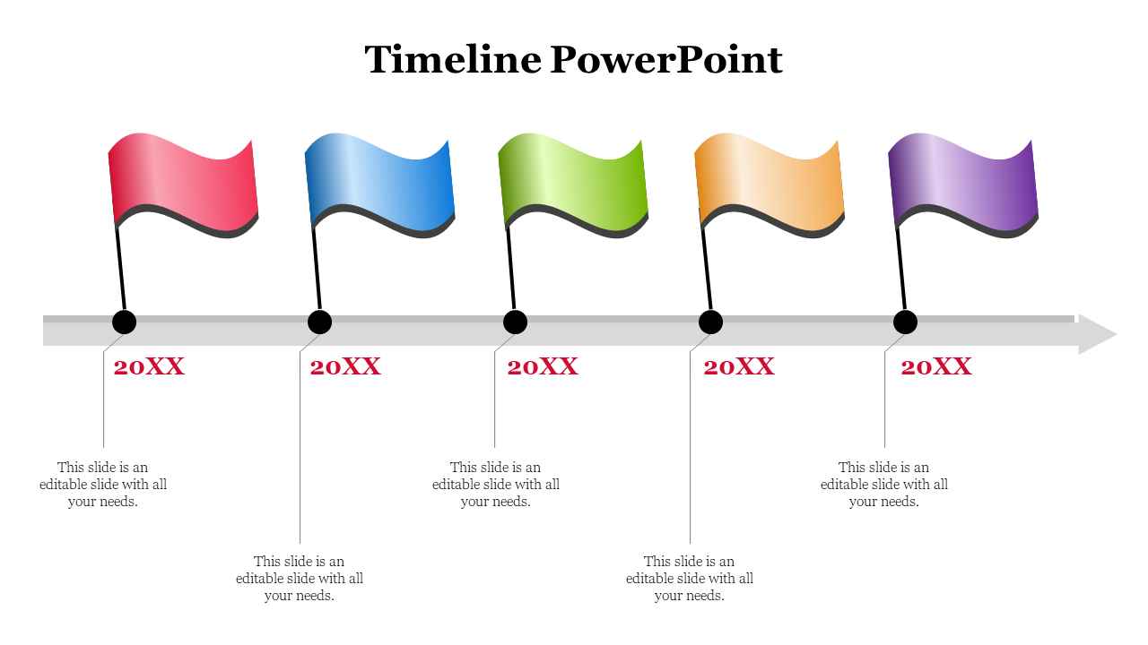 Timeline with five colorful flags in red, blue, green, yellow, and purple on poles, each with a caption beneath.