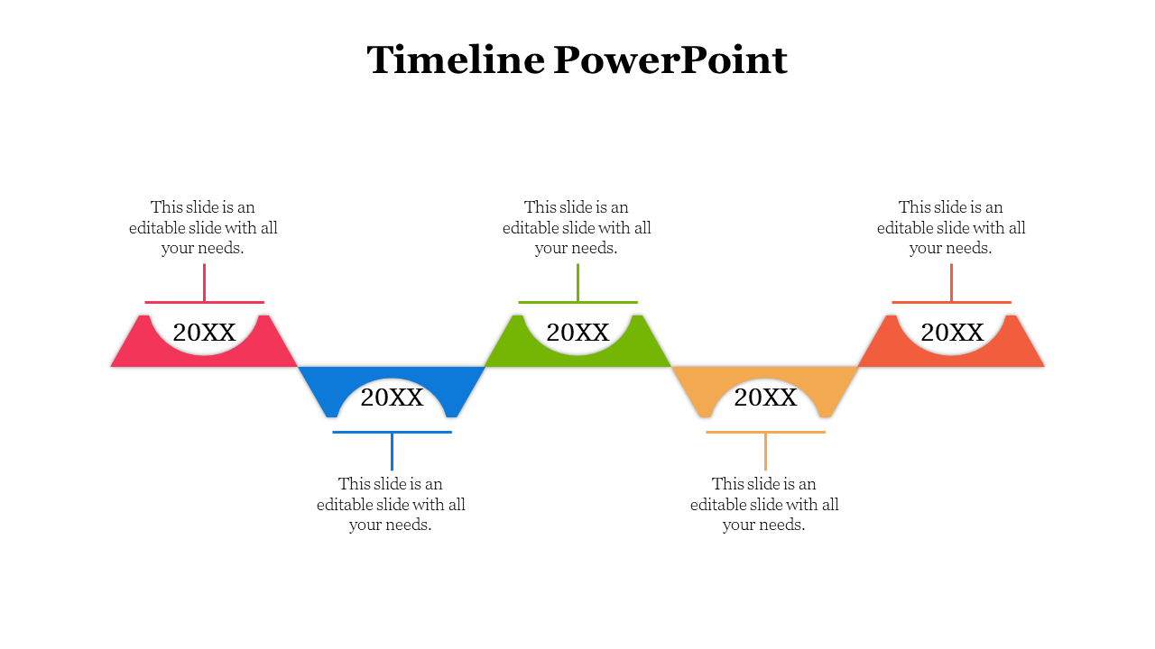 Colorful timeline with five triangular shapes in red, blue, green, yellow, and orange, connected by horizontal line.