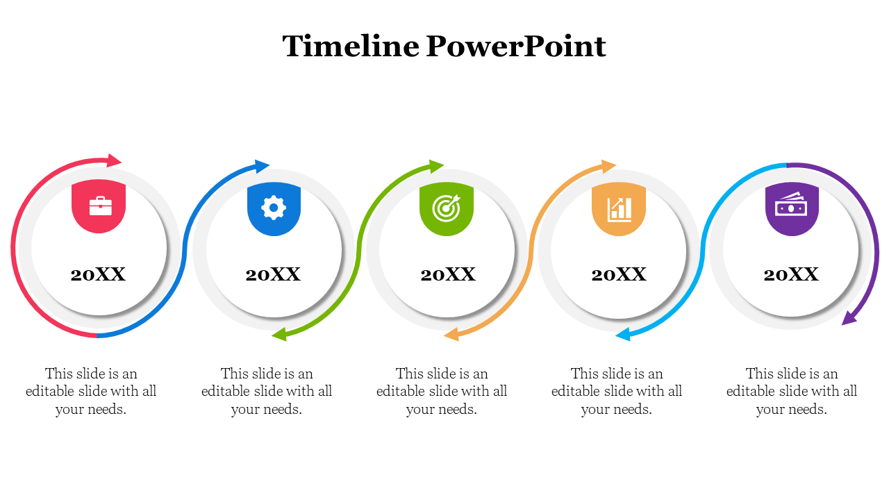 Timeline with five circular icons in red, blue, green, yellow, and purple, each surrounded by an arrow pointing to the next.