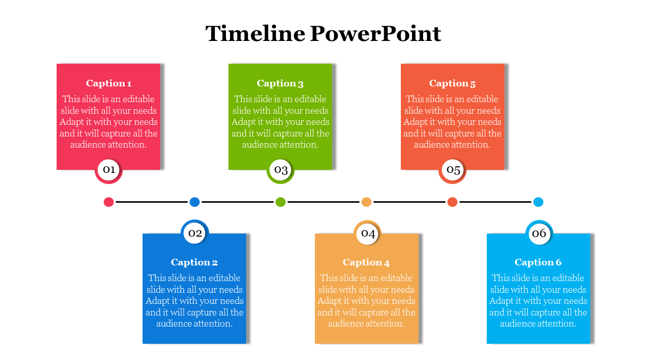 Horizontal timeline with six blocks in red, navy, green, yellow, orange, and blue, each containing a numbered circle.