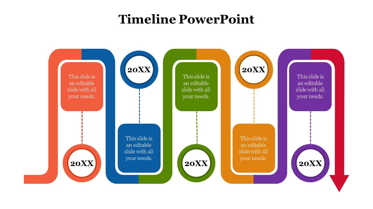 Vertical timeline with four colorful boxes in orange, blue, green, yellow, and purple, with a down pointing arrow.