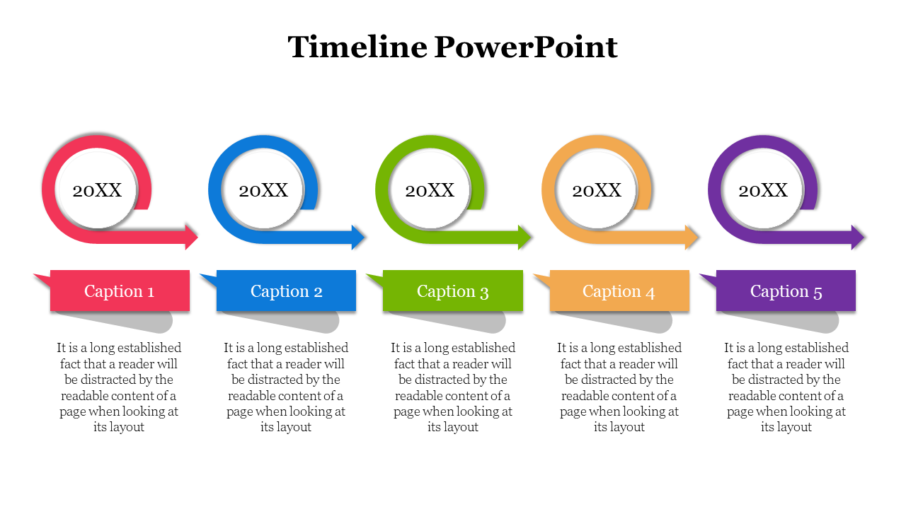 Horizontal timeline with five circular arrow markers in red, blue, green, yellow, and purple, each with a caption beneath.