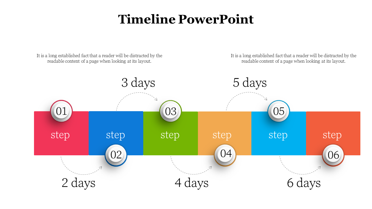 Timeline featuring six horizontal steps in pink, navy, green, yellow, blue, and  orange, with numbered circles.