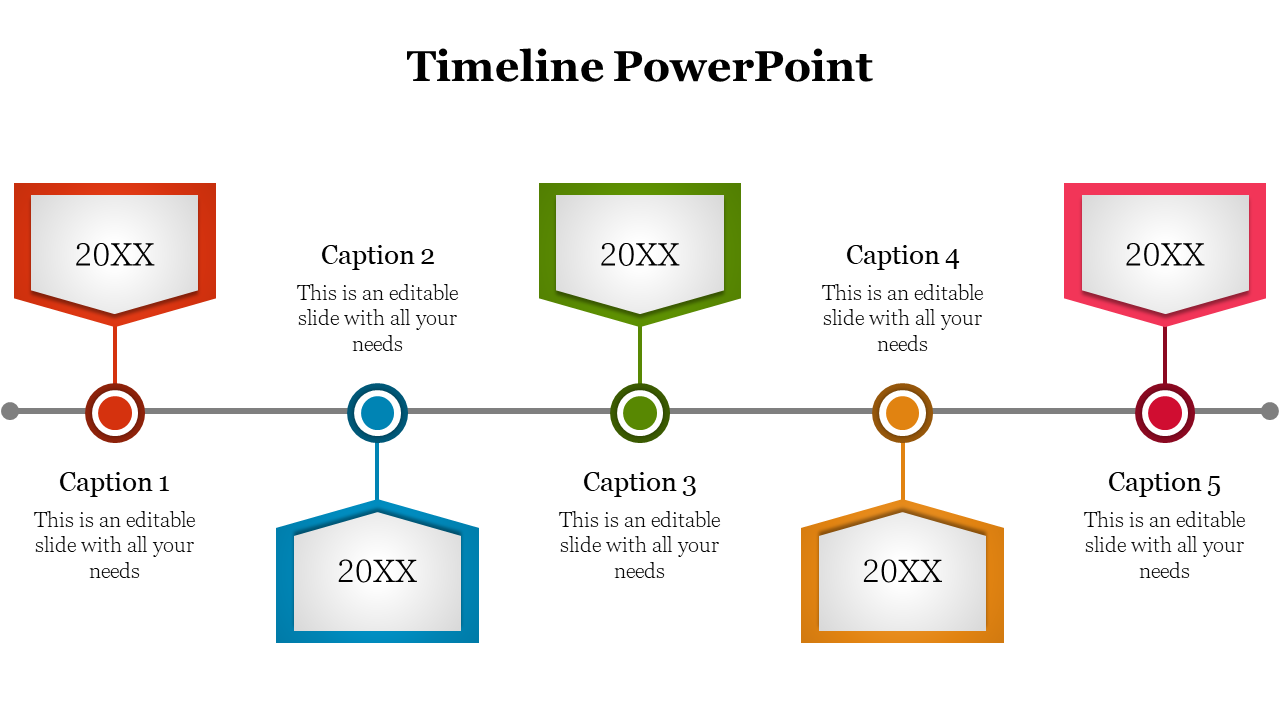 Timeline with five color coded hexagonal shapes in red, blue, green, orange, and pink, connected by a central gray line.