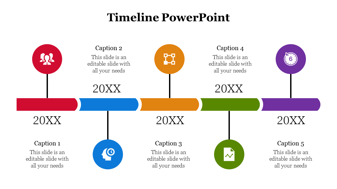 Timeline with five circles in red, blue, orange, green, and purple, representing different milestones, connected by lines.