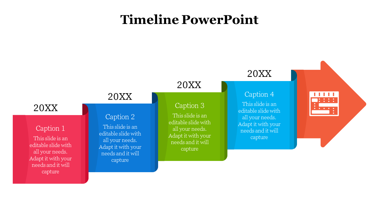 Horizontal timeline with four colorful folded shapes in red, navy, green, and blue, followed by an orange arrow.