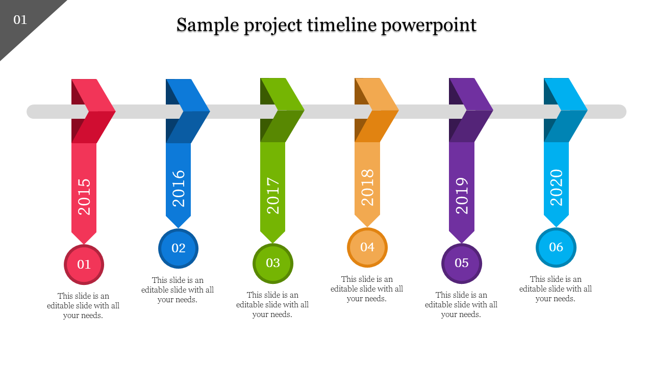 Colorful timeline with six year markers in red, navy, green, orange, purple, and blue, connected by a horizontal gray line.