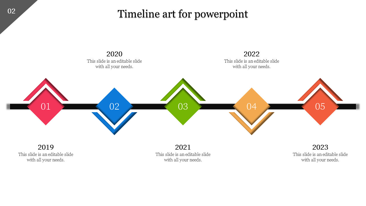 Timeline with five colorful diamond shaped icons in red, blue, green, yellow, and orange, connected by a black line.