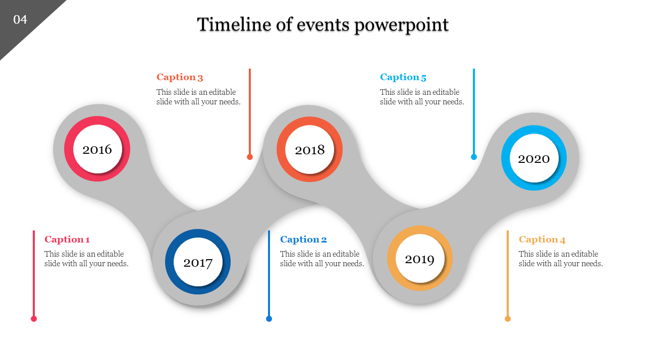 Timeline with four colorful circles in red, navy, orange, yellow, and blue, connected by a gray zigzag line.