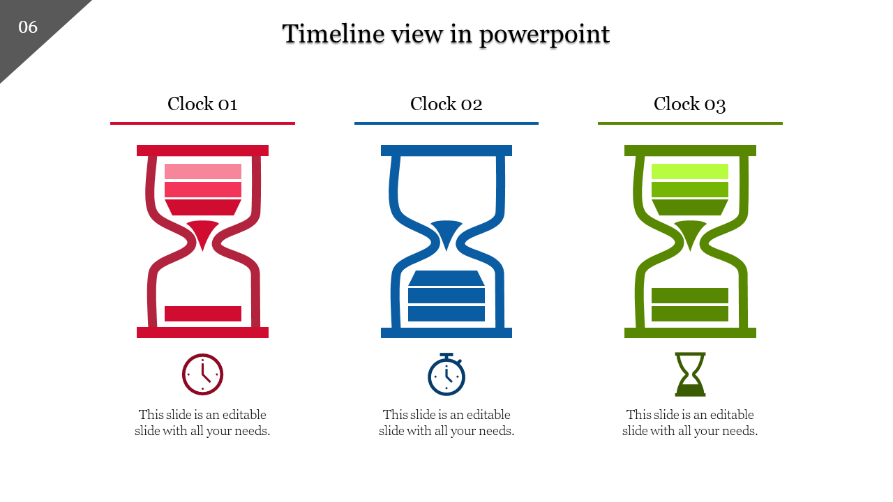 Horizontal timeline with three hourglass icons in red, blue, and green, each representing a different phase of time.