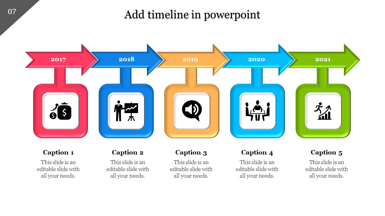 Horizontal timeline with multi colored arrows and icon filled square shapes in red, navy, yellow, blue, and green.