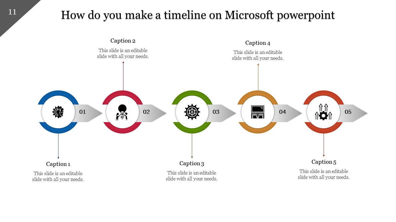 Horizontal timeline with circular colored icons in blue, red, green, yellow, and orange, each linked with arrows.