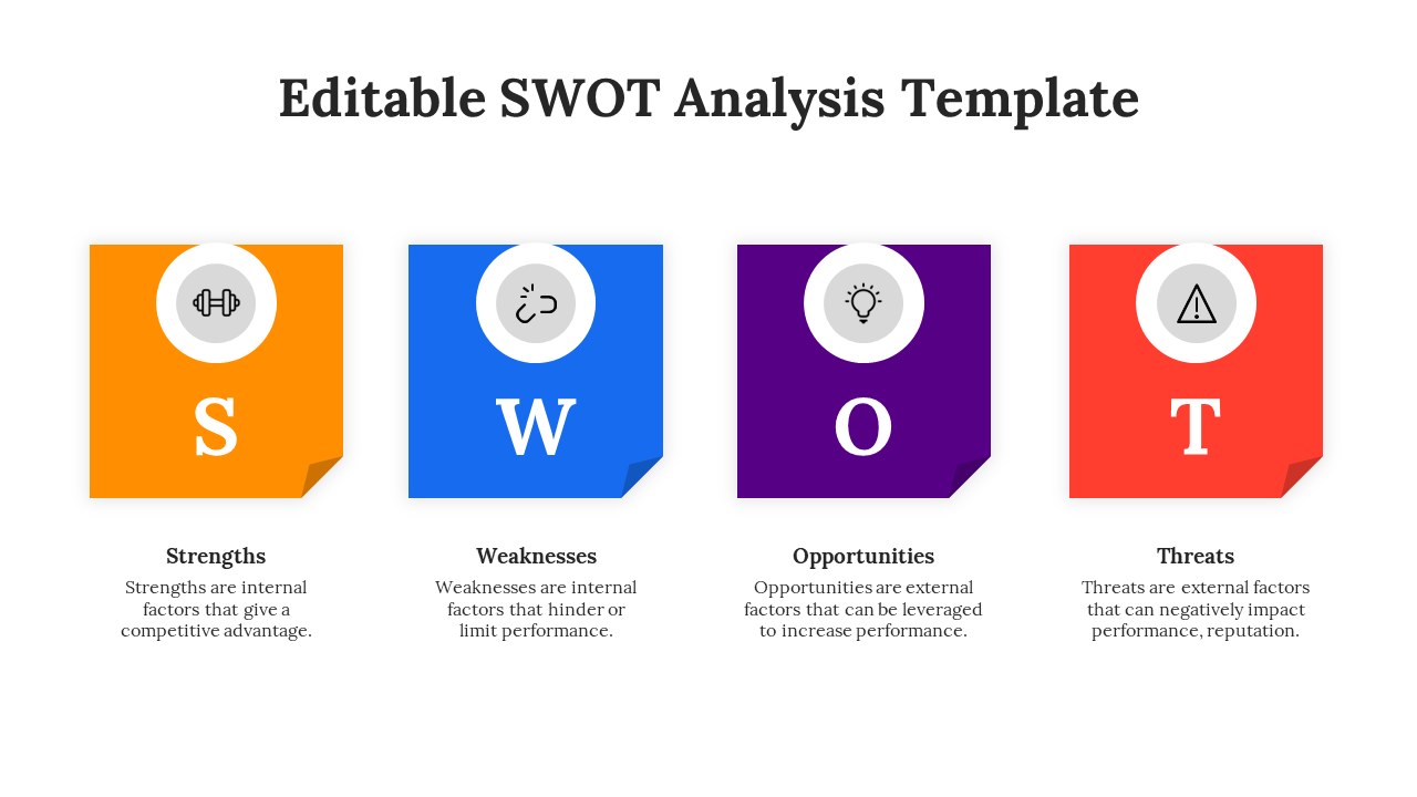 SWOT slide with four square shaped, folded corner blocks in orange, blue, purple, and red, and icon in a circular frame.