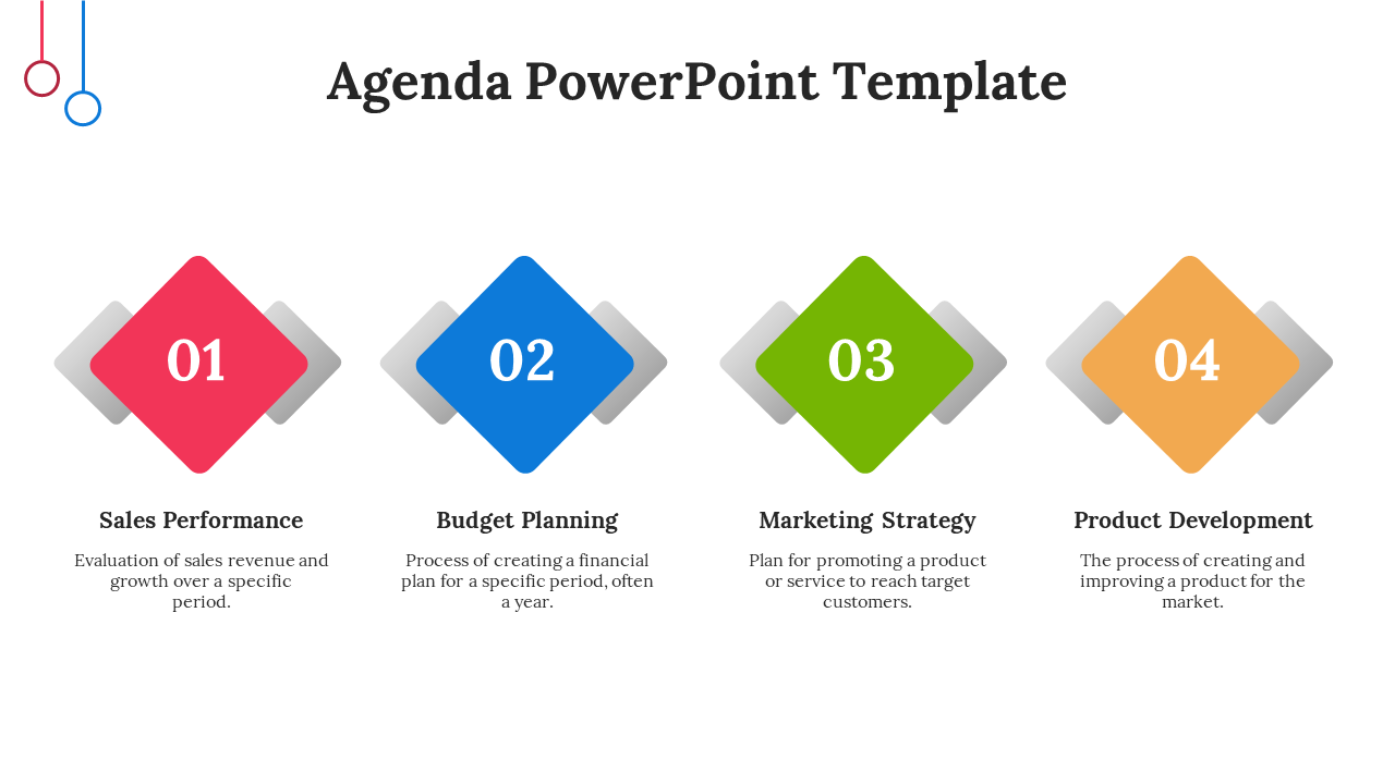 Agenda template featuring four colorful diamond shapes with numbers 01 to 04 in red, blue, green, and orange.