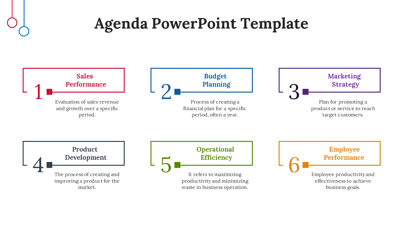 Agenda layout with six rectangular outlines in red, blue, purple, gray, green, and orange, with numbers and descriptions.