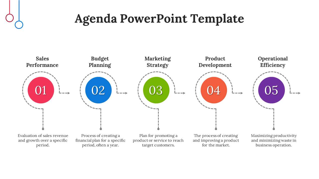 Agenda template with five numbered circles in red, blue, green, orange, and purple, linked to text using dashed lines.