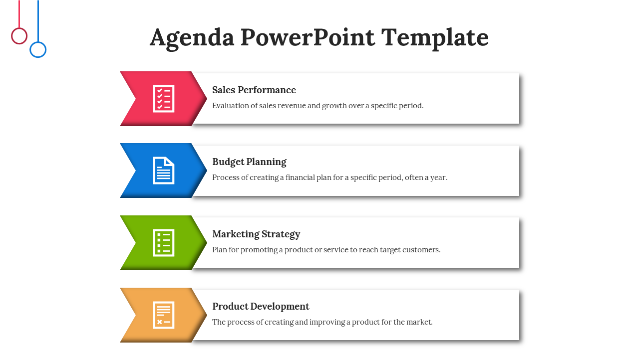 Agenda slide with four horizontal red, blue, green, and orange arrows, each paired with an icon and a white text box.