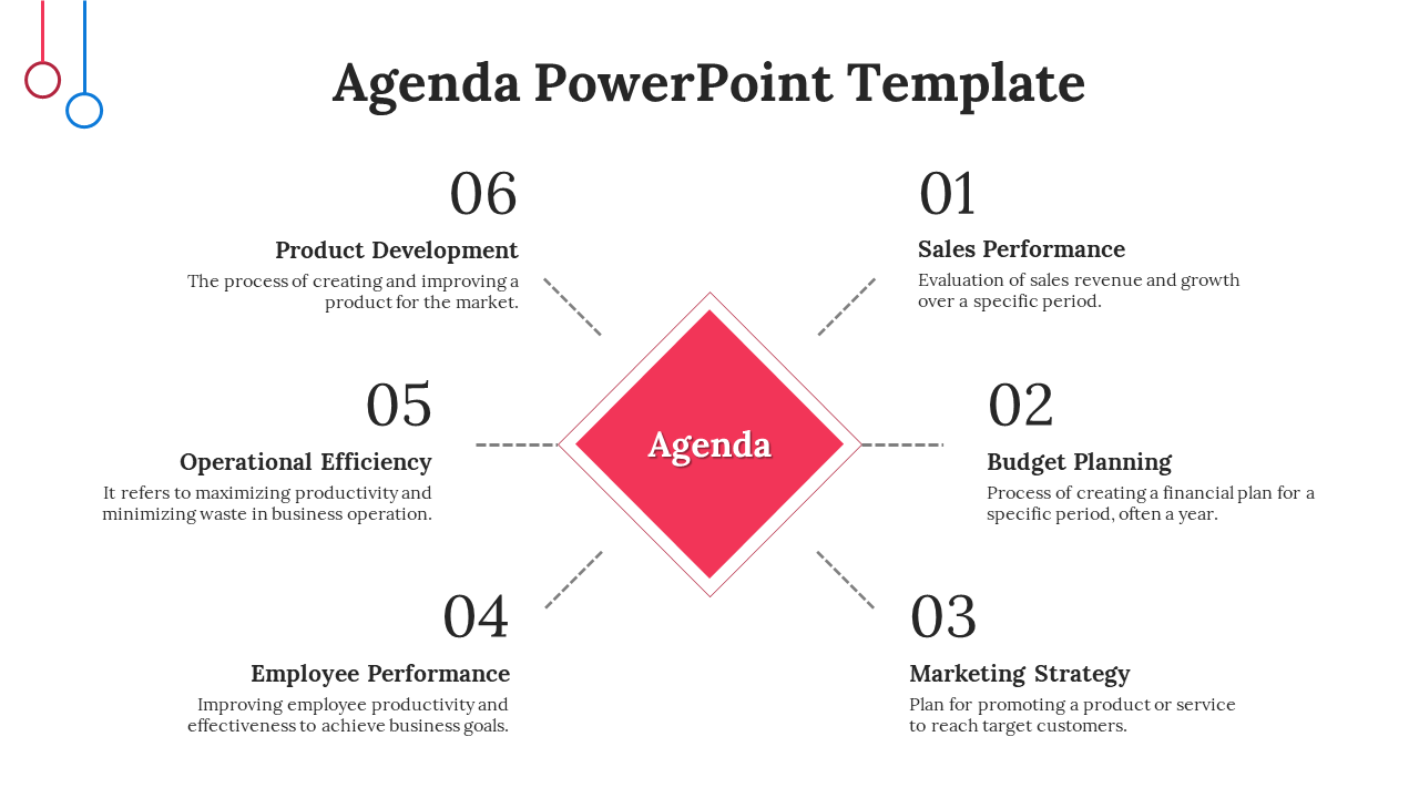 Agenda slide with six numbered sections arranged in a circular layout around a central red diamond.