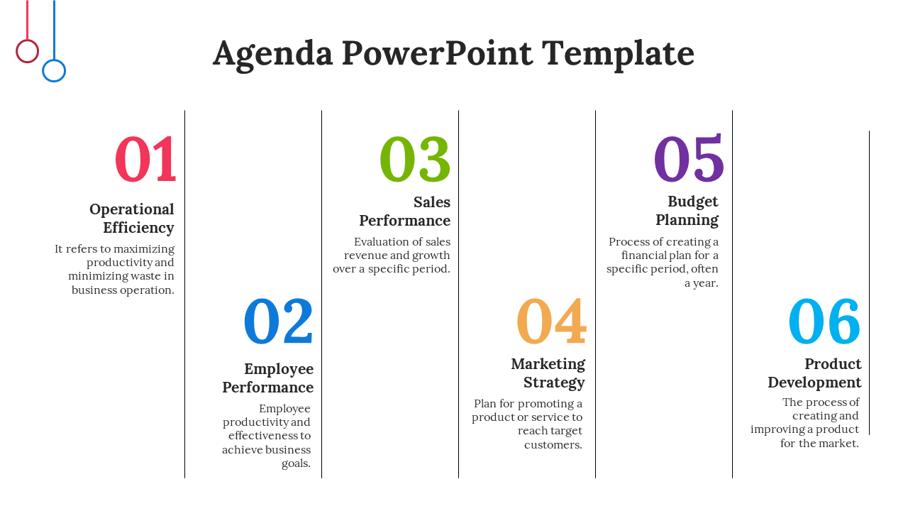 Agenda slide with six numbered sections in red, navy, green, orange, purple, and blue, arranged vertically with descriptions.