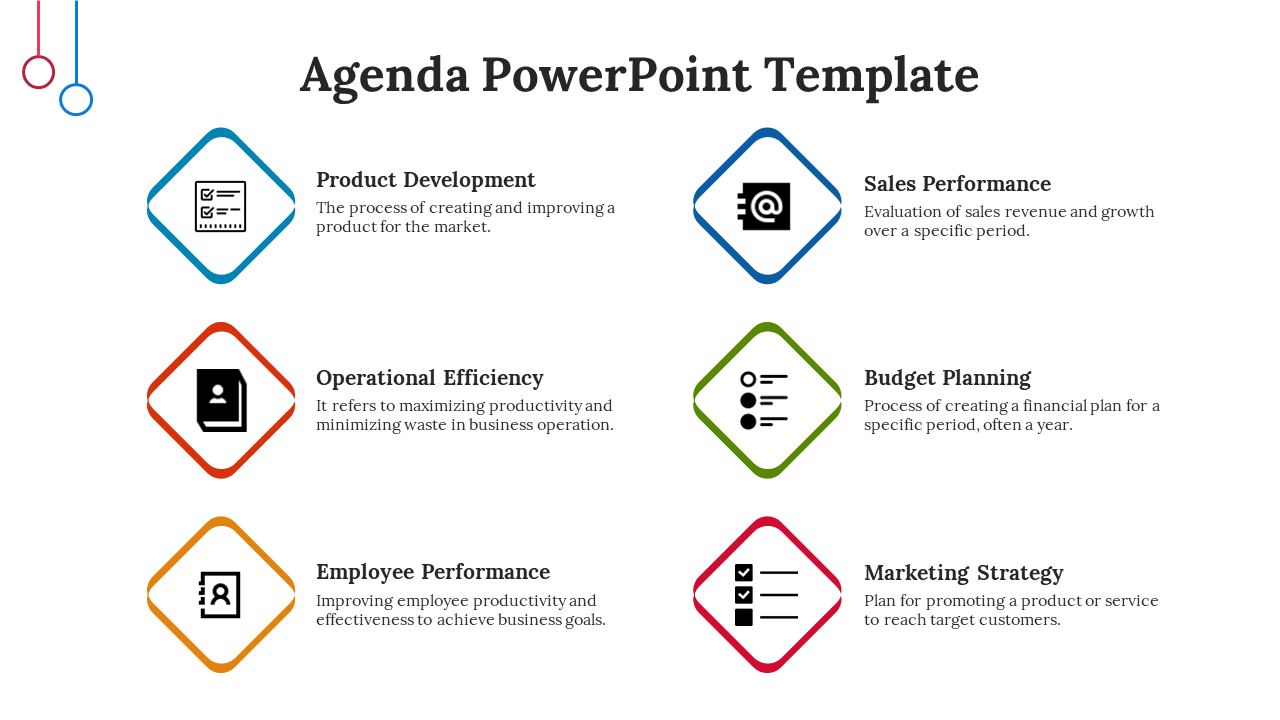 Agenda template with six diamond shaped icons in blue, red, green, and orange hues, arranged in a two column layout.