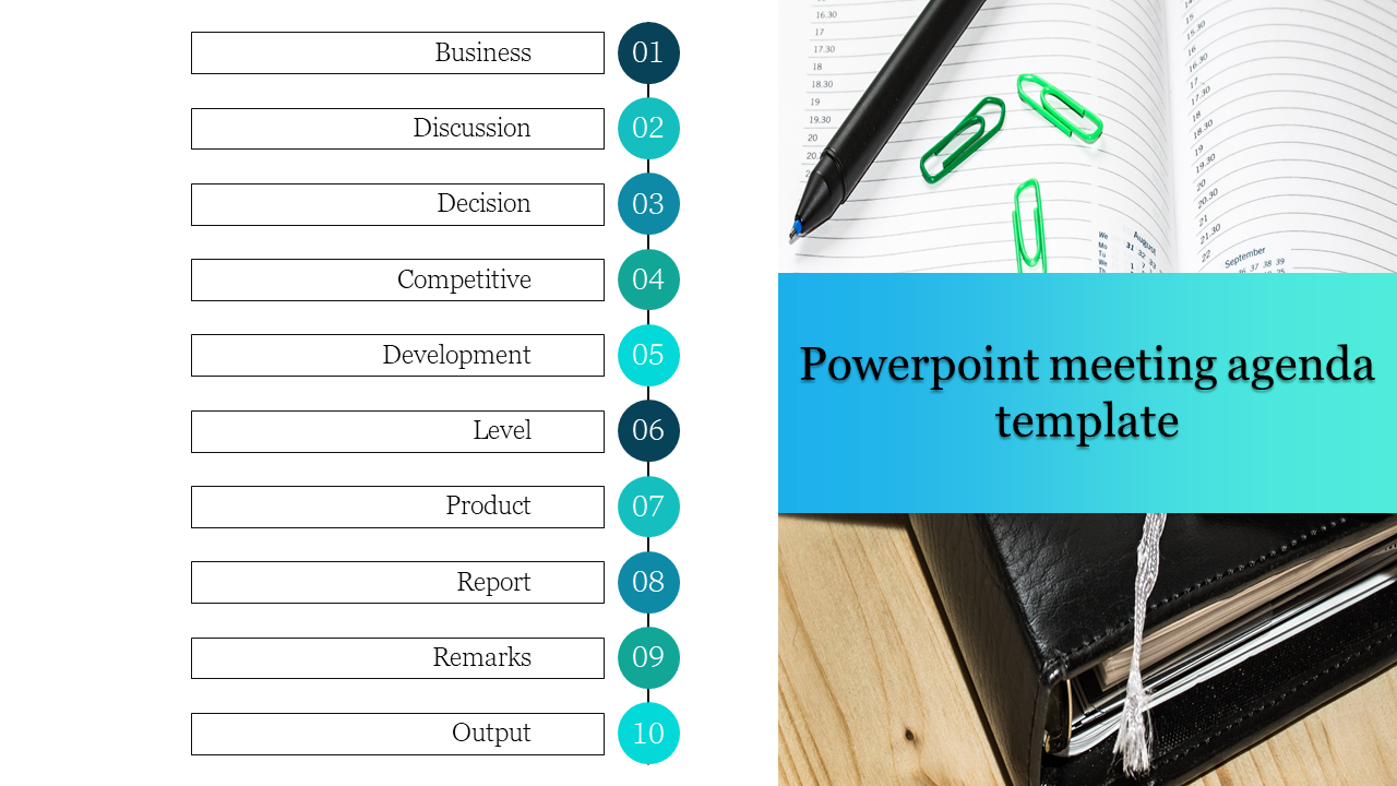 Agenda template pack with multiple slide designs, including numbered lists, timelines, icons, and structured layouts.
