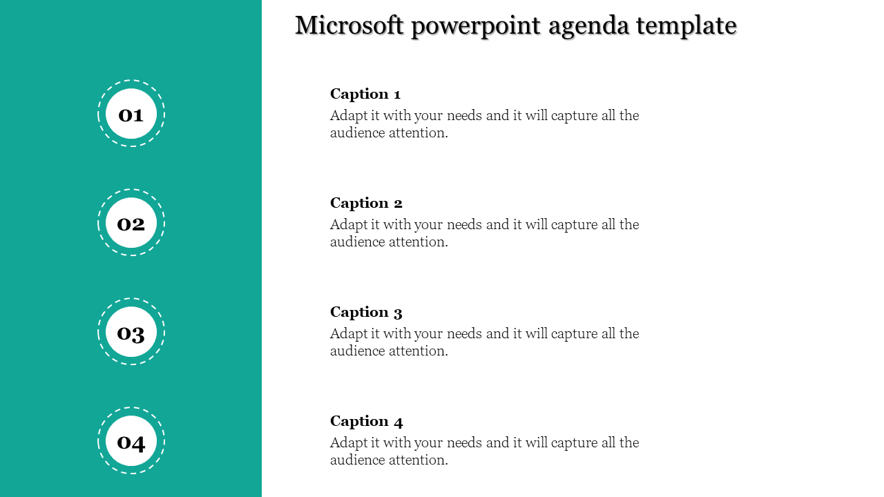 Agenda slide with a teal sidebar, featuring four numbered circles, and corresponding captions on the right.