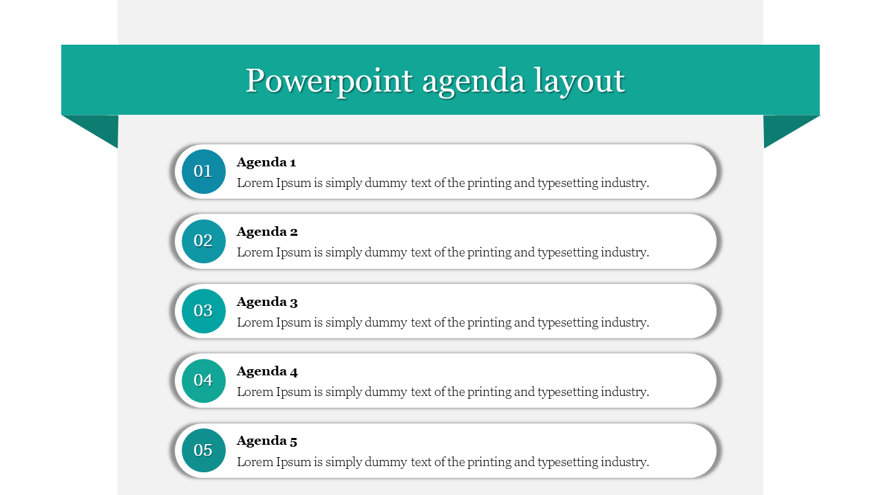 Agenda slide with a teal ribbon header, five numbered list items, and rounded text boxes on a white background.