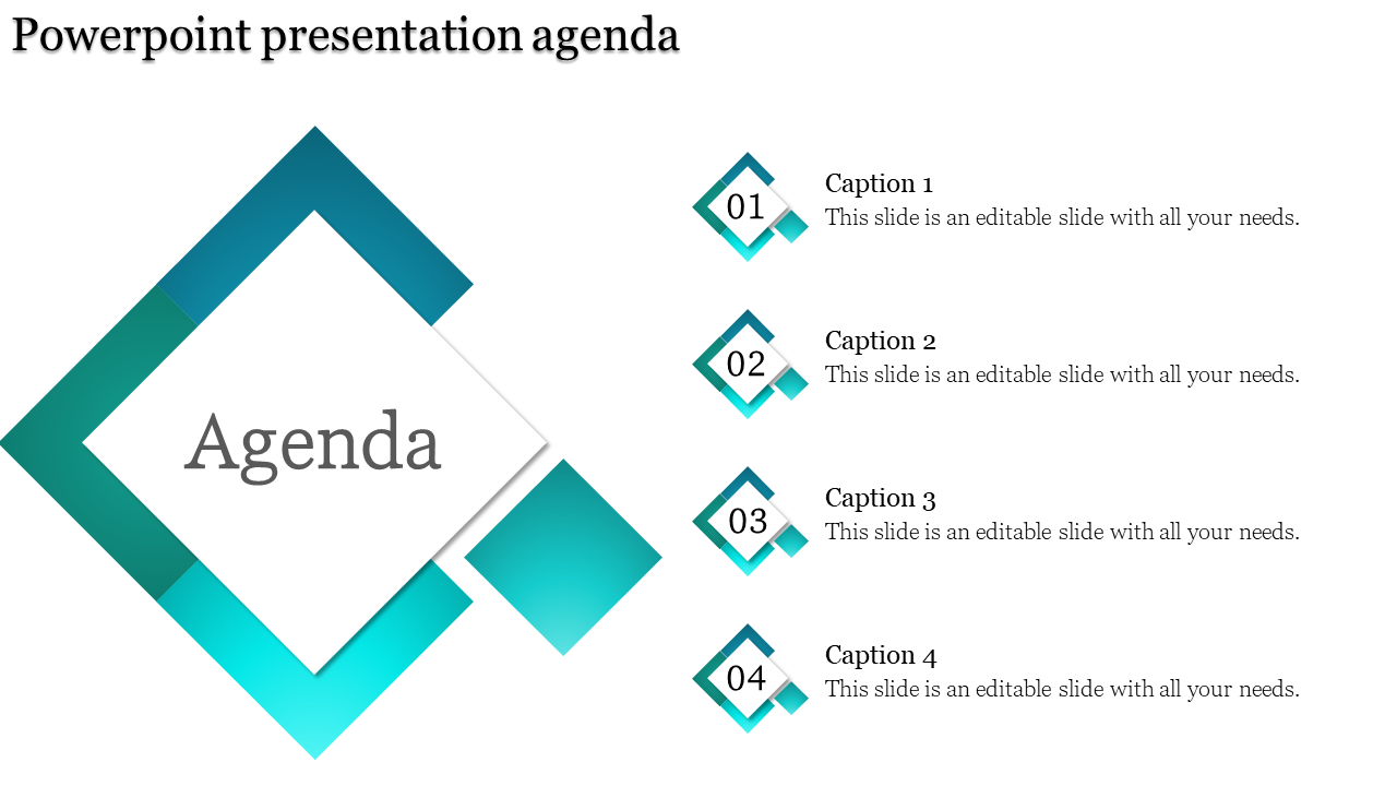 Agenda template featuring a geometric diamond theme with a bold label and four numbered steps with captions.