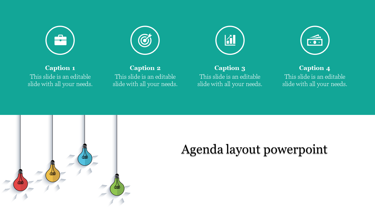 Agenda slide with a teal top section, featuring four icons with text, and hanging colorful light bulbs on a white backdrop.