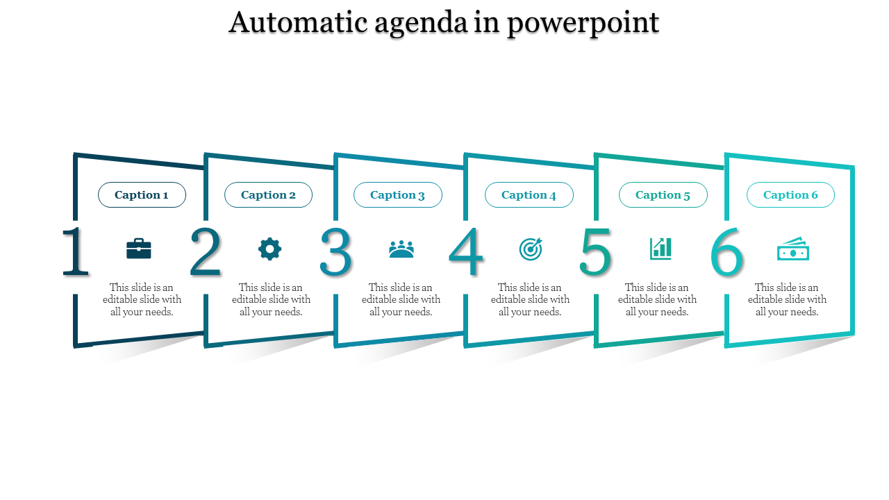 Slide featuring six teal outlined boxes with bold numbering, and icons representing different agenda topics.