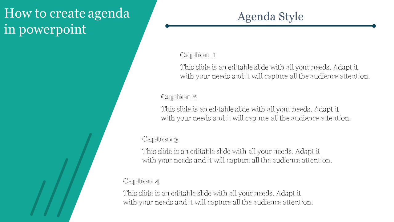 Agenda template featuring a bold teal sidebar, a top header with a decorative line, and four captions.