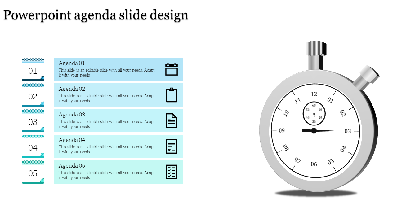 Agenda slide featuring five numbered notepad icons paired with blue text boxes, and a stopwatch illustration on the right.