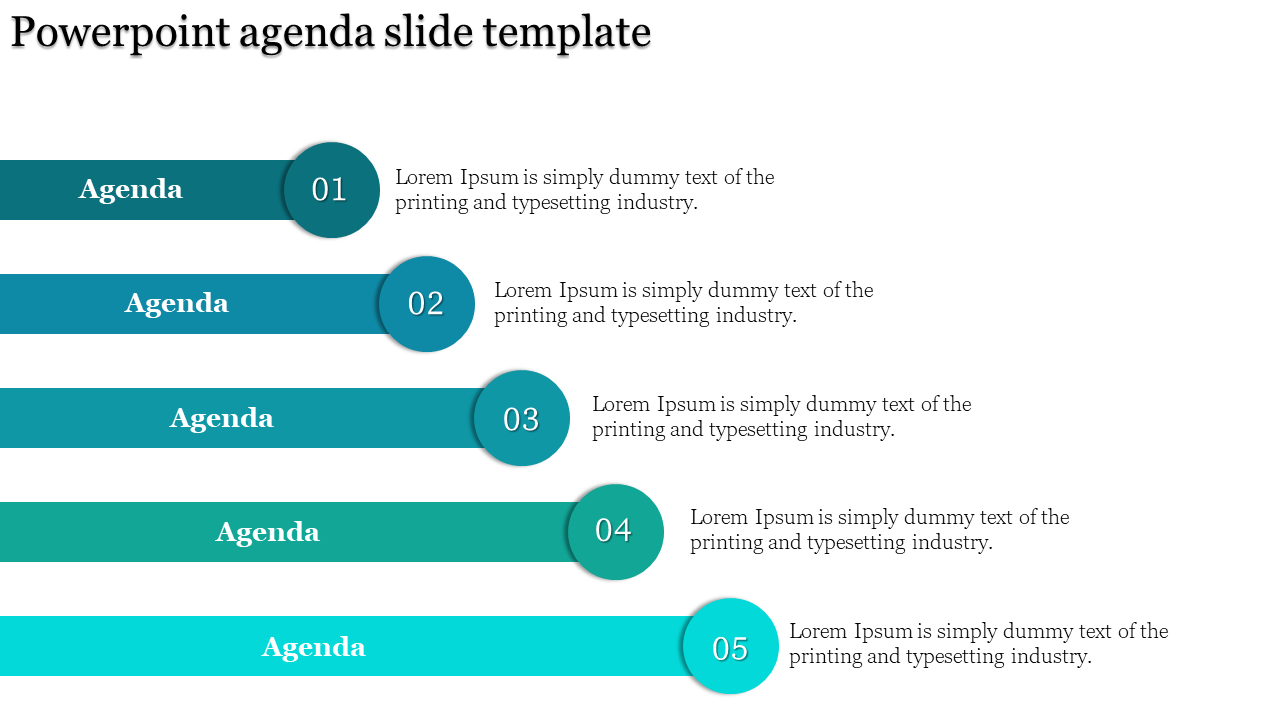Horizontal agenda slide with five teal banners, featuring circular numbered labels, and descriptions on a white background.