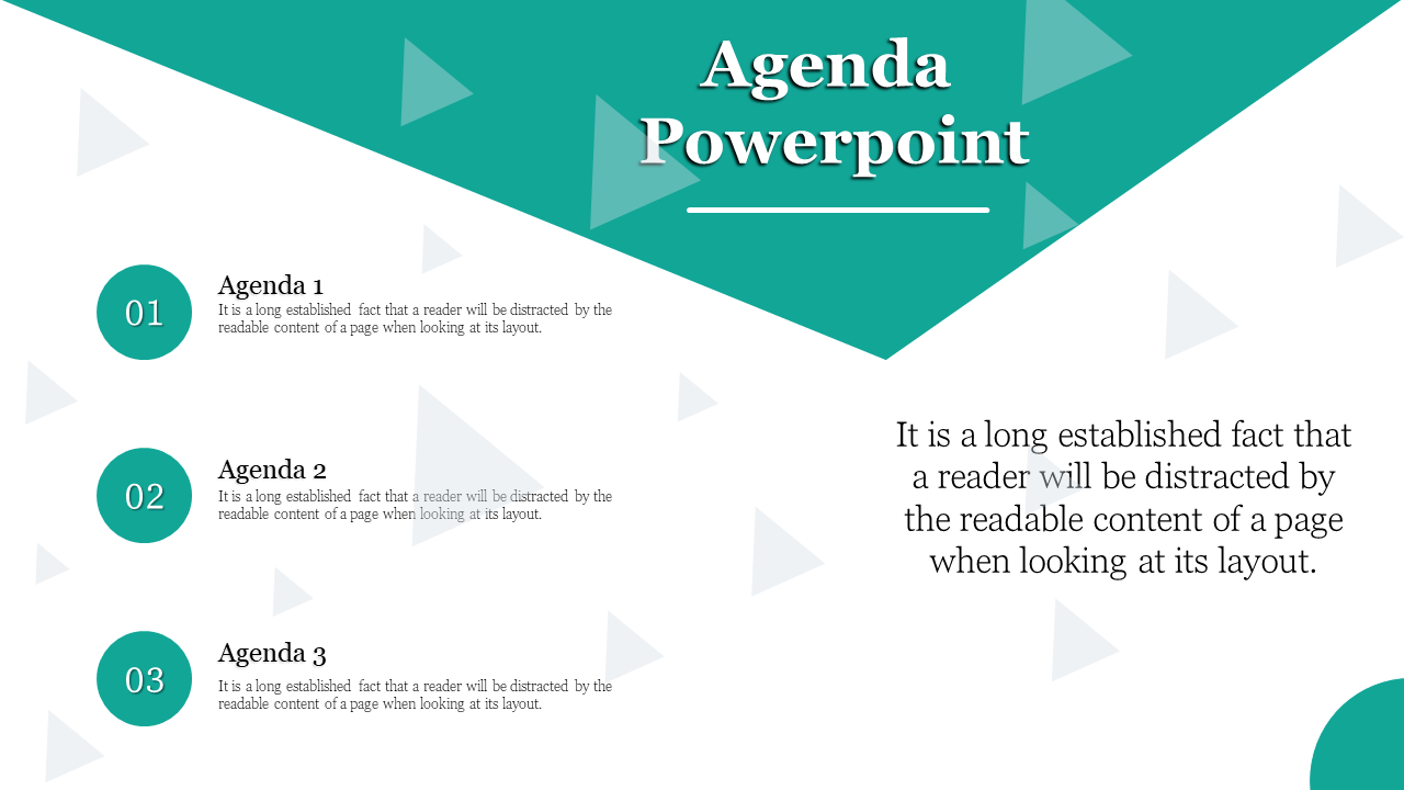 Agenda slide with a teal geometric banner, three numbered sections, and placeholder text on a white background.