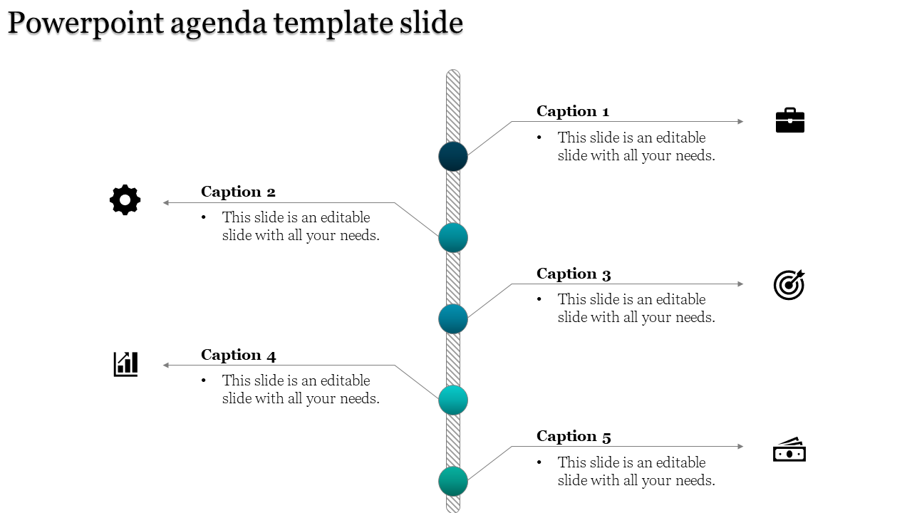 Vertical agenda slide with five teal markers, connecting captions with business icons on a white background.