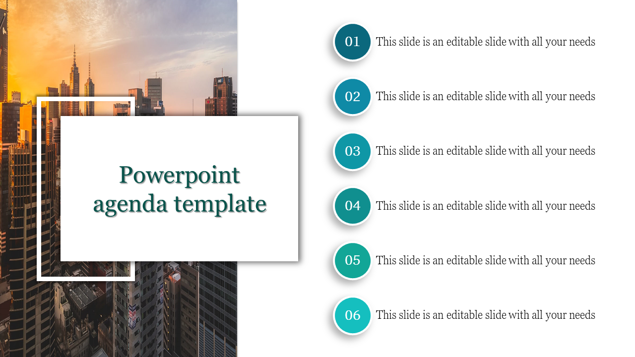 Agenda slide with a cityscape background, a white content box, and six numbered teal icons aligned with descriptions.