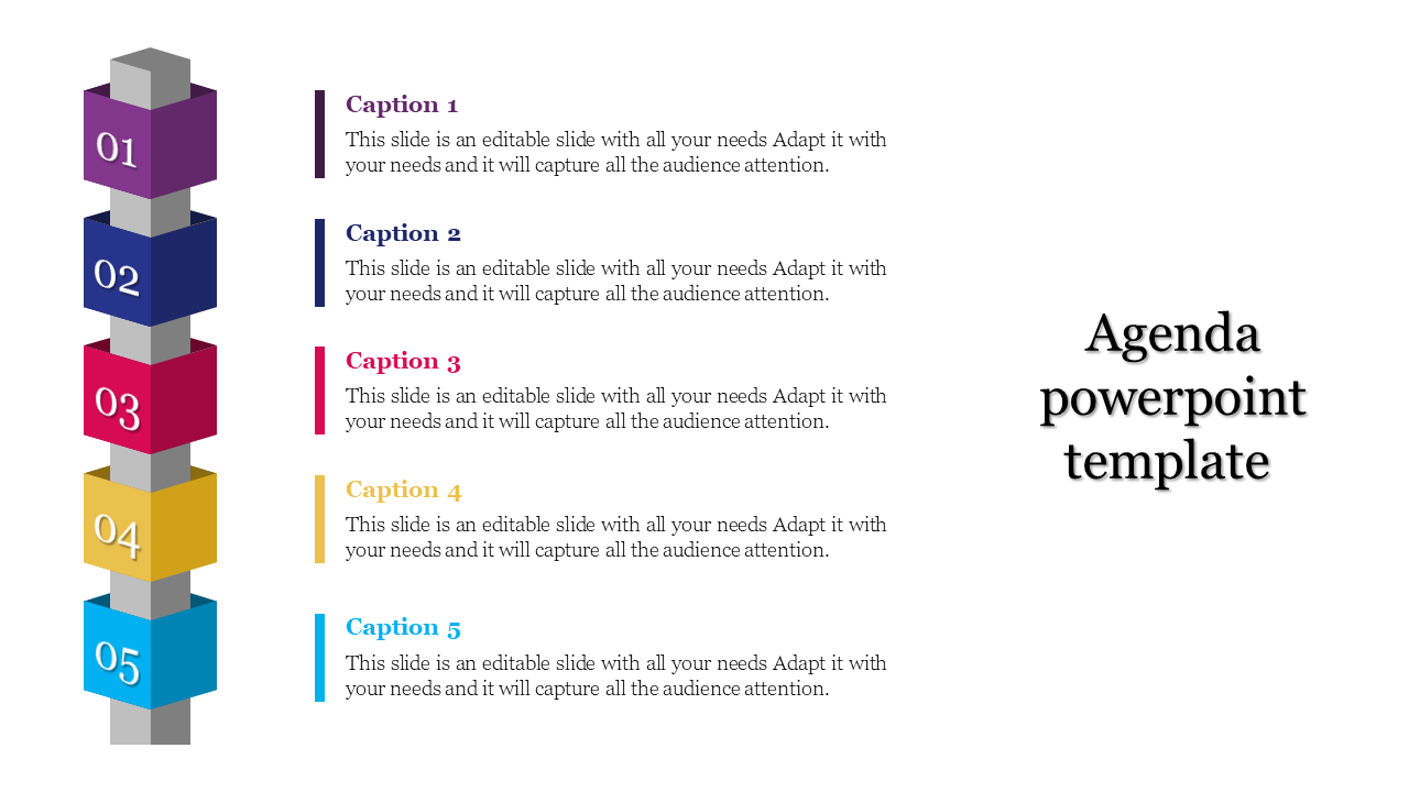 Agenda slide with a 3D stacked cube design in purple, blue, red, yellow, and cyan, paired with descriptions.