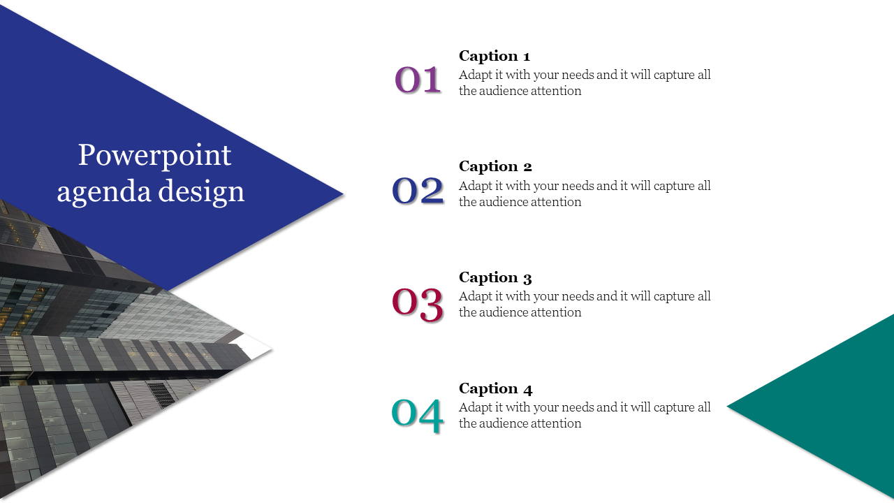 Agenda slide with a blue and teal triangular design, building image, and four numbered captions in the center.