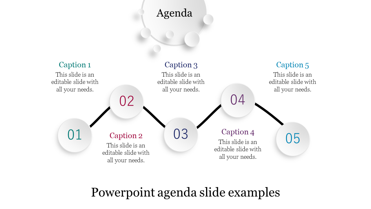 Agenda slide with five numbered circles in teal, red, blue, purple, and cyan, connected by a black zigzag line.