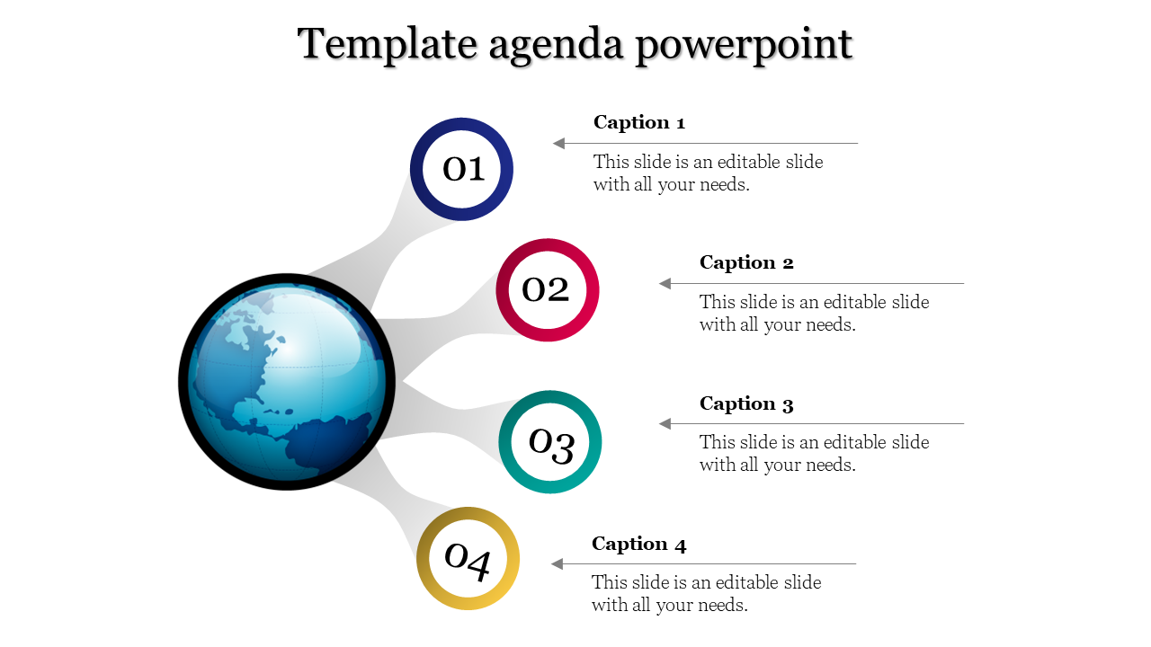 Globe themed agenda slide with four numbered circles in blue, red, teal, and yellow, linked to descriptive text.