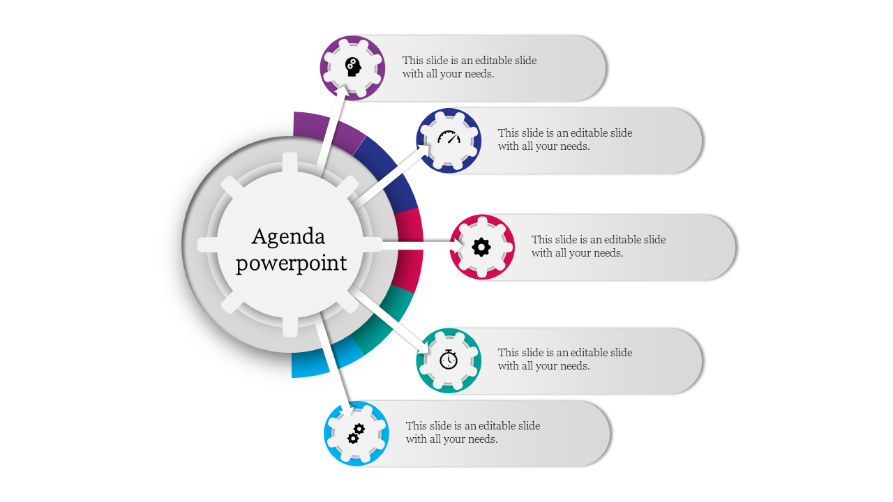 Circular agenda slide with colorful gears in purple, blue, red, green, and cyan, paired with curved labels in gray.