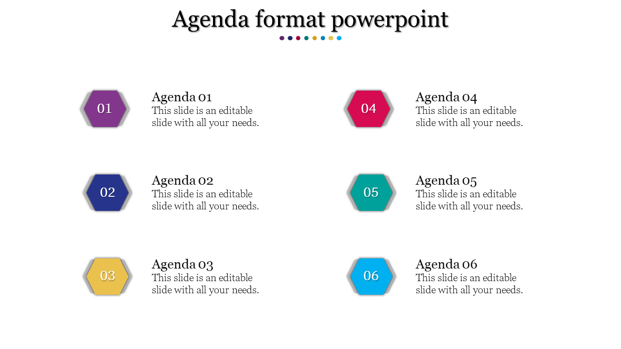 Agenda slide with hexagon shapes in purple, blue, yellow, red, teal, and cyan, with text placeholders.