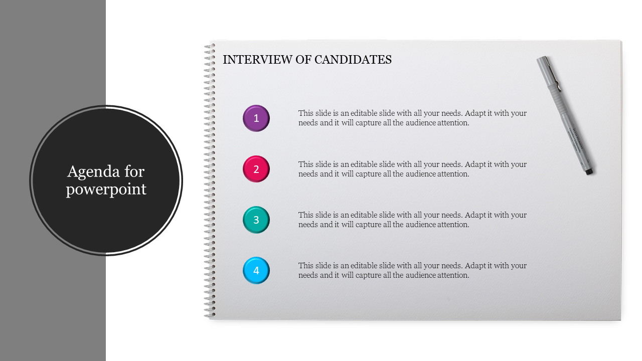 Agenda slide with a gray sidebar, black circle with title, white spiral notebook design with four numbered icons, and a pen.